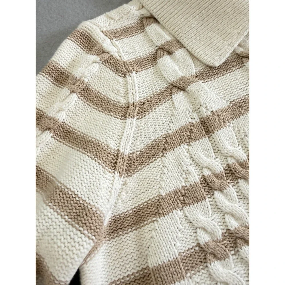 Talbots Striped Cable Knit Collared Cardigan Cream Tan Button Sweater M - Picture 3 of 9
